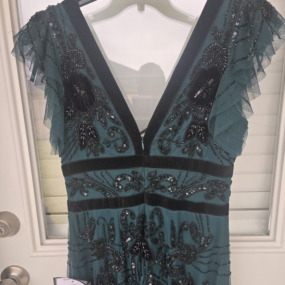 $799 Adrianna Papell Velvet-Trim Embellished Midi Bead Mesh Dress Sz 2 Old Money - Picture 15 of 16